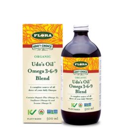 Brown bottle with white and yellow label of Udo's Oil Omega 3+6+9 blend source of omega-3 and omega-6 contains 500 ml