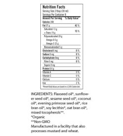 Nutrition facts and ingredients panel of Udo's Oil Omega-3 3-6-9 blend for a serving size of 2 tbsp (30 ml)