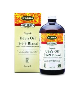 Brown bottle with white and yellow label of Udo's Oil 3.6.9 blend source of omega-3 and omega-6 contains 941ml