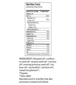 Nutrition facts and ingredients panel of UDOS Oil Omega-3-6-9 for a serving size of 2 tbsp (30 ml)