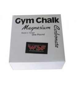 A white box of WSF Gym Chalk 8-pack contains one pound of Magnesium Carbonate