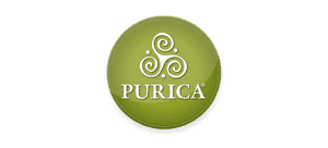 Logo des vitamines Purica bouton vert rond avec 3 tourbillons 3 points et purica en blanc