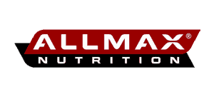 Logotipo de Allmax Nutrition fondo negro rojo con fuente blanca