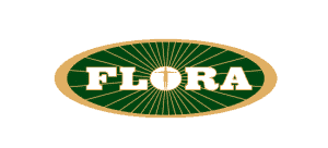 Flora logo with man standing arms out in the middle green oval background with gold ring