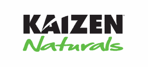 kaizen naturals logo black bold font with green handwriting