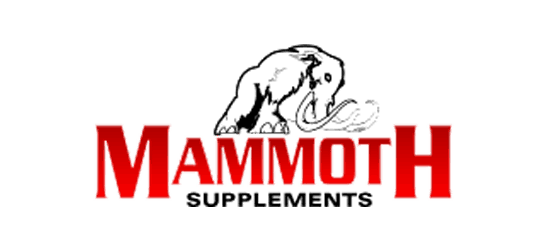 mammoth supplements logo mammoth written in red with large M and H supplements written in black with mammoth animal above