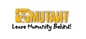 Mutant supplements logo yellow font and yellow square with hazard style graphic grungy text with tag line leave humanity behind!