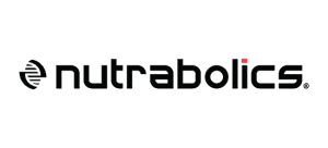 Nutrabolics supplements logo with registered trademark and symbon black futuristic font with red dot i