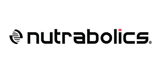 Nutrabolics supplements logo with registered trademark and symbon black futuristic font with red dot i
