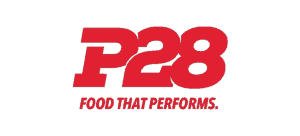 P28 Food That Performs logo texte rouge avec slogan food that performs