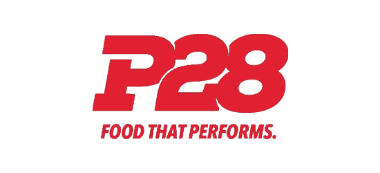 P28 Food That Performs logo red text with tag line food that performs