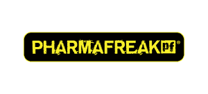 Logo Pharmafreak police grungy jaune avec bordure jaune sur fond noir et carré PF à droite