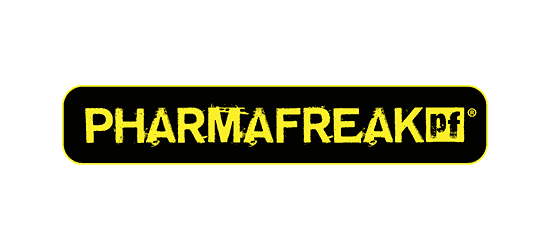Pharmafreak logo yellow grungy font with black background yellow border and PF square to the right