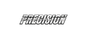 Precision supplements logo silver italic font with line through it and black stroke