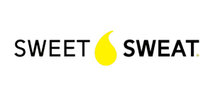 Sweet Sweat logo in black thin plain letters yellow sweat bead and sweat in bold letters