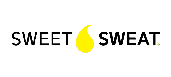 Sweet Sweat logo in black thin plain letters yellow sweat bead and sweat in bold letters