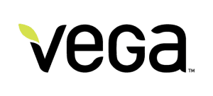 Police noire du logo de nutrition Vega avec lettres arrondies et feuille verte sur l'icône v de la marque tm
