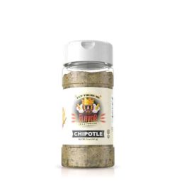 Clear bottle with light green powder of Flavor God Chipotle Seasoning shown in white background