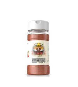 Clear bottle with brown powder of Flavor God Taco Tuesday contains net wt. 5 oz (141 g)