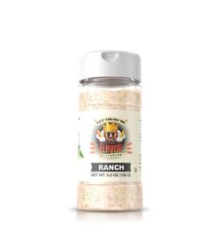 Clear bottle with light brown powder of Flavor God Ranch Seasoning shown in white background