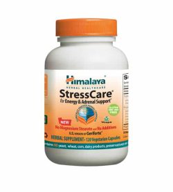 White and orange bottle with orange cap of Himalaya StressCare for Energy & Adrenal Support* contains 120 vegetarian capsules