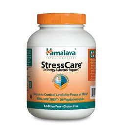 White and orange bottle with orange cap of Himalaya StressCare for Energy & Adrenal Support* contains 240 vegetarian capsules