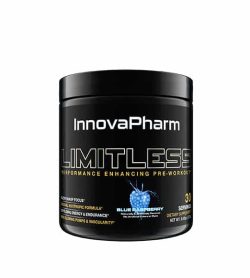 Black container with black lid of InnovaPharm Limitless Performance Enhancing Pre-workout with Blue Raspberry flavour
