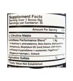 Supplement facts panel of Innovapharm Limitless Pre-workout for serving size of 1 scoop (9 g) with 30 servings per container