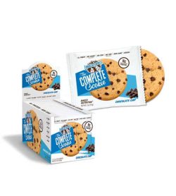 Blue and white box of Lenny And Larry The Complete Cookie with Chocolate Chip flavour with one pouch open