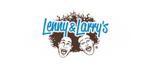 lenny and larrys protein cokie logo blue cursive font lenny & larry's with two faces with open mouth and lots of hair in brown white background