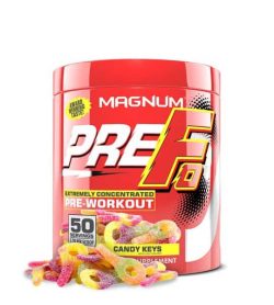 Shiny red container with red lid of Magnum PreFo Extremely Concentrated Pre-Workout with Candy Keys flavour contains 50 servings