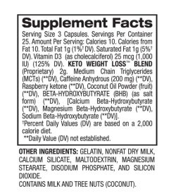 Supplement facts and ingredients panel of BPI Sports Keto Weight Loss for a serving size of 3 capsules