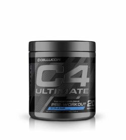 Grey container with grey lid of Cellucore C4 Ultimate Pre-Workout with Icy Blue Blaze flavour contains 20 servings