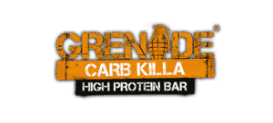 Grenade Carb Killa High P)rotein Bar logo grungy army style font orange with grenade icon