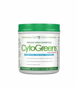 White container with green lid of Nova Forme Premium Green Superfood CytoGreens for Athletes which is gluten-free, soy-free and non-GMO