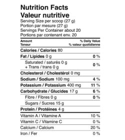 Nutrition facts panel of Vega Sport Recovery Accelerator for serving size 1 scoop (27 g) with about 20 servings per container