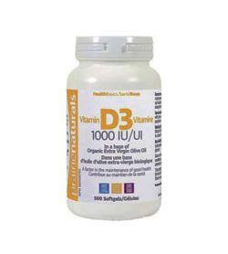 White container with white lid of Prarie Naturals Vitamin D3 1000 IU contains 500 softgels