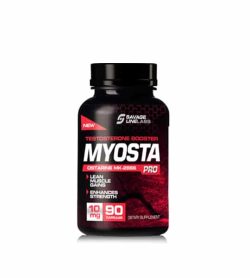 Black bottle of Myosta Ostarine MK-2866 Pro testosterone 90 capsules 10mg lean muscle gains and strength