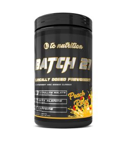 One black and yellow container of TC Nutrition Batch 27 Peach Rings flavour