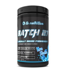 One black and blue container of TC Nutrition Batch 27 blue slushie flavour