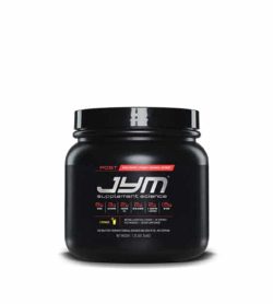 Black container with black lid of Jym Supplement Science Post shown in white background
