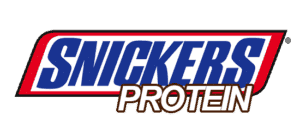Snickers Protein bar italic font blue text white background with red stroke