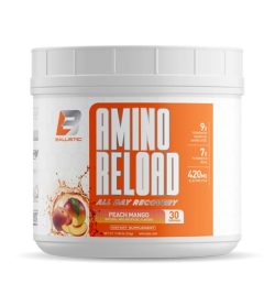 One white and orange container of Balistic Labs Amino Reload PEACH MANGO flavour