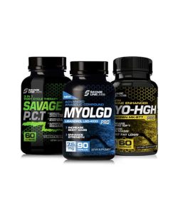 Three bottles of sarms from Savage Line Labs savage pct myolgd and myo hgh bulking stack for bodybuilding