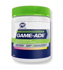 One white green and blue container of PVL Game Ade Tropical Punch Flavour 210g