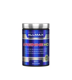 Shiny blue bottle with silver cap of Allmax Arginine HCL contains 400g of dietary supplement