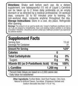 Tableau des faits et des ingrédients du supplément de carnitine liquide Allmax Nutrition pour une portion de 15 ml avec 31 portions par récipient