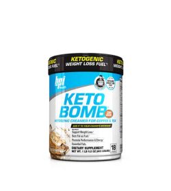 White and blue container with black lid of BPI Health Keto Bomb ketogenic creamer for coffee & tea dietary supplement