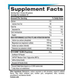 Supplement facts and ingredients panel of BPI Sports Keto Bomb for serving size of 1 scoop (26 grams) with 18 servings per container