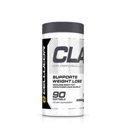 Black and white container with black lid of Cellucor CLA cor-performance contains 90 softgels